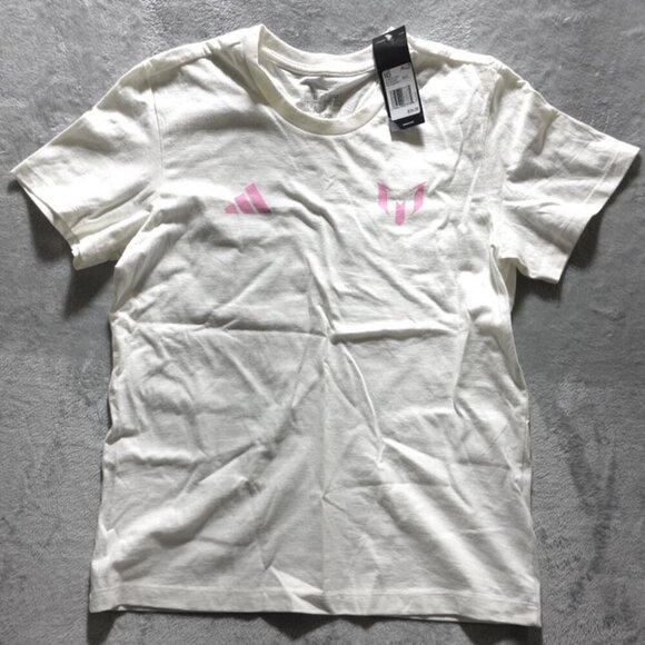 Adidas Lionel Messi Futbol Graphic Tee White Pink Blue Men's Medium NWT - Picture 8 of 8